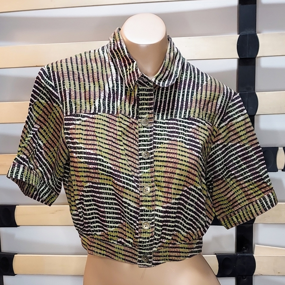 Urban Outfitters Tropical Camo Cropped Button Down Shirt.